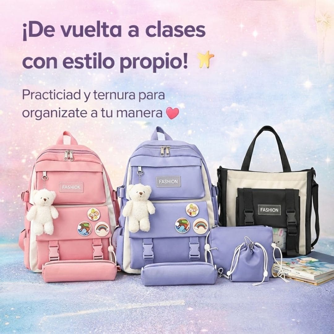 Morral Multifuncional 5 Piezas Oso Plche | Estilo Coreano.