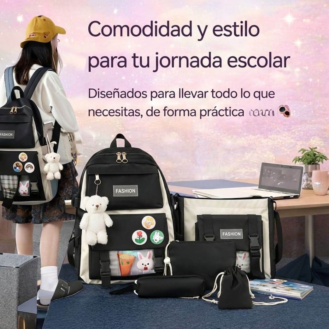 Morral Multifuncional 5 Piezas Oso Plche | Estilo Coreano.