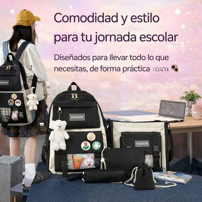 Morral Multifuncional 5 Piezas Oso Plche | Estilo Coreano.