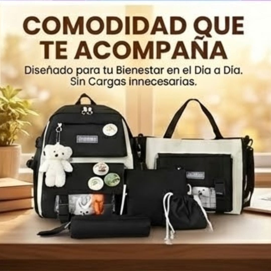 Morral Multifuncional 5 Piezas Oso Plche | Estilo Coreano.