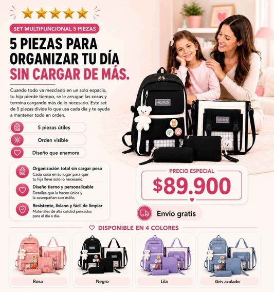 Morral Multifuncional 5 Piezas Oso Peluche | Estilo Coreano.